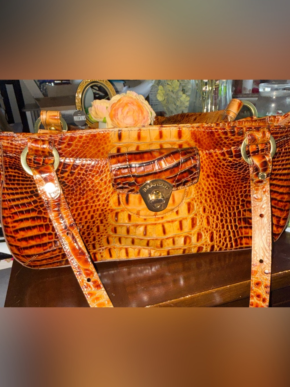 Brahmin Croc-Embossed Satchel in Warm Cognac and Amber